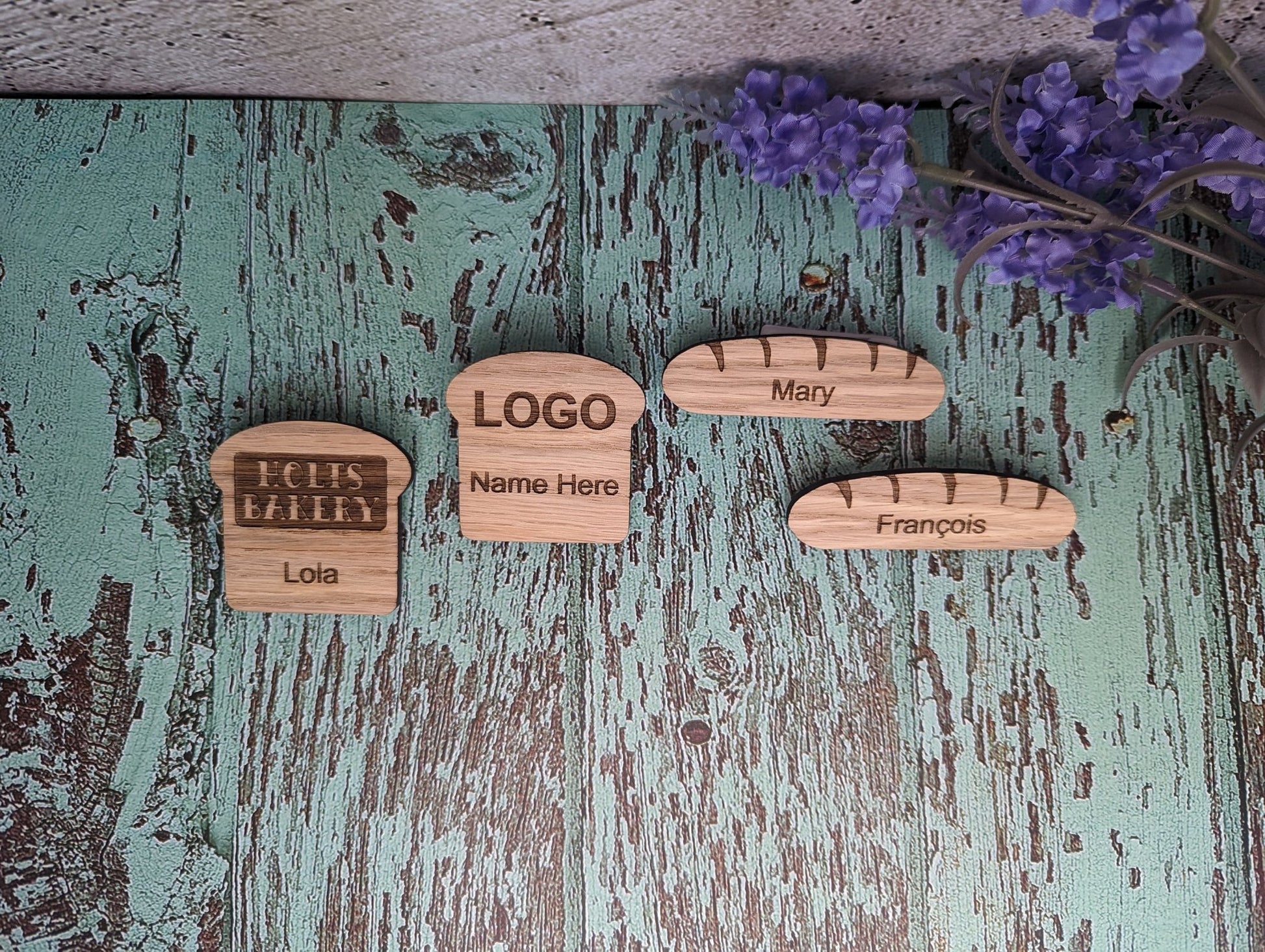 Personalised Wooden Name Badges | Custom Bakery Staff Badges | Bread Shaped Loaf Designs - CherryGroveCraft