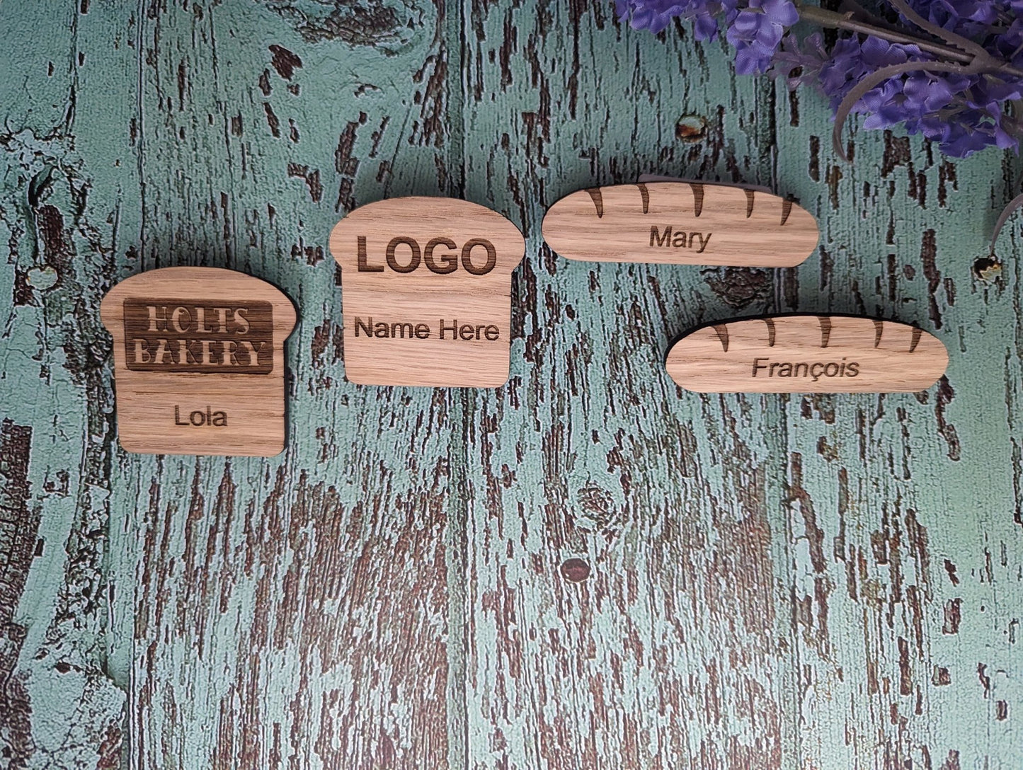 Personalised Wooden Name Badges | Custom Bakery Staff Badges | Bread Shaped Loaf Designs - CherryGroveCraft