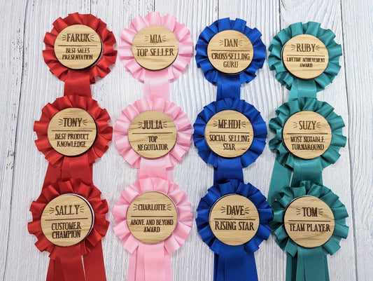 Personalised Wooden Sales Awards Rosette - Celebrate Sales Excellence! | Customised Oak Rosettes in 4 Colours | Award Ribbon - CherryGroveCraft