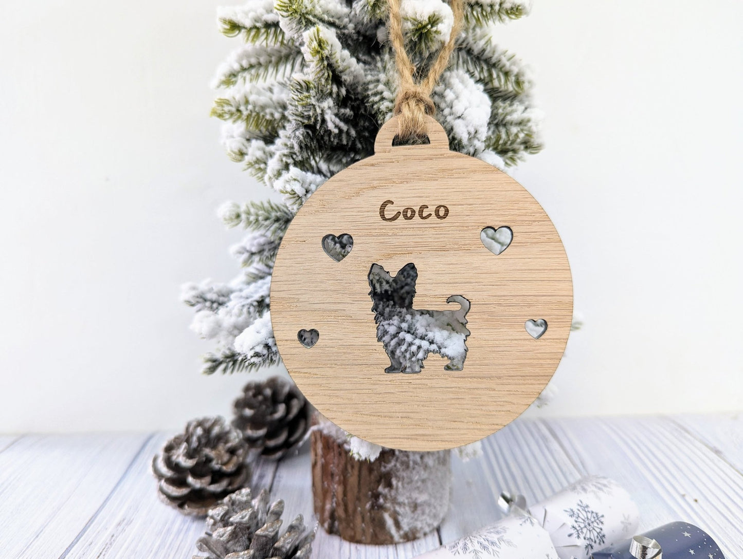 Personalised Yorkshire Terrier Christmas Bauble in Oak Veneer MDF - Rustic Jute String - Stars or Hearts Cut-Out - Yorkie Gift - CherryGroveCraft