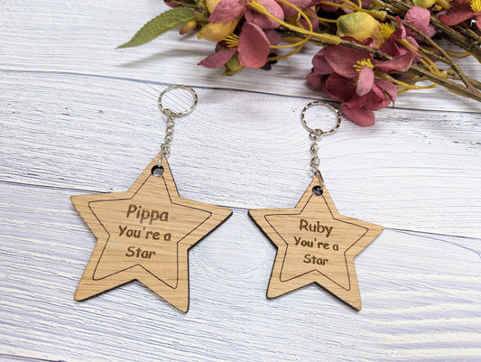 Personalised 'You're a Star' Wooden Keyring in Two Sizes - Oak Veneer - Custom Name Engraved - Ideal Gift for Students from Teachers - CherryGroveCraft