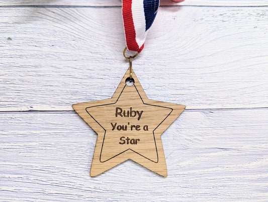 Personalised 'You're a Star' Wooden Medal - Custom Name Engraved - Ideal Teacher to Student Gift - Star-Shaped Award - CherryGroveCraft