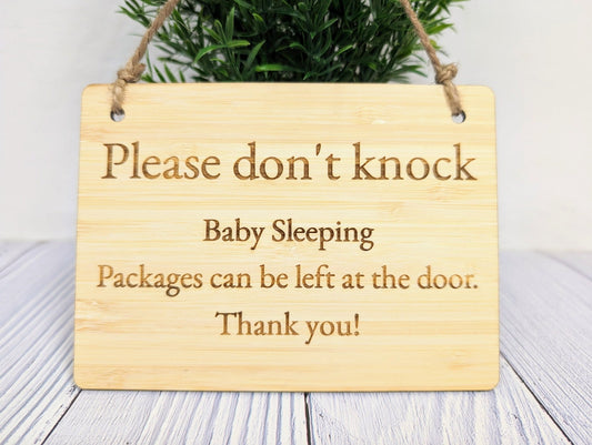 Please Don't Knock, Baby Sleeping" Bamboo Sign - Ideal for Homes with Newborns, Night Shift Workers - Eco-Friendly Bamboo - Customisable - CherryGroveCraft