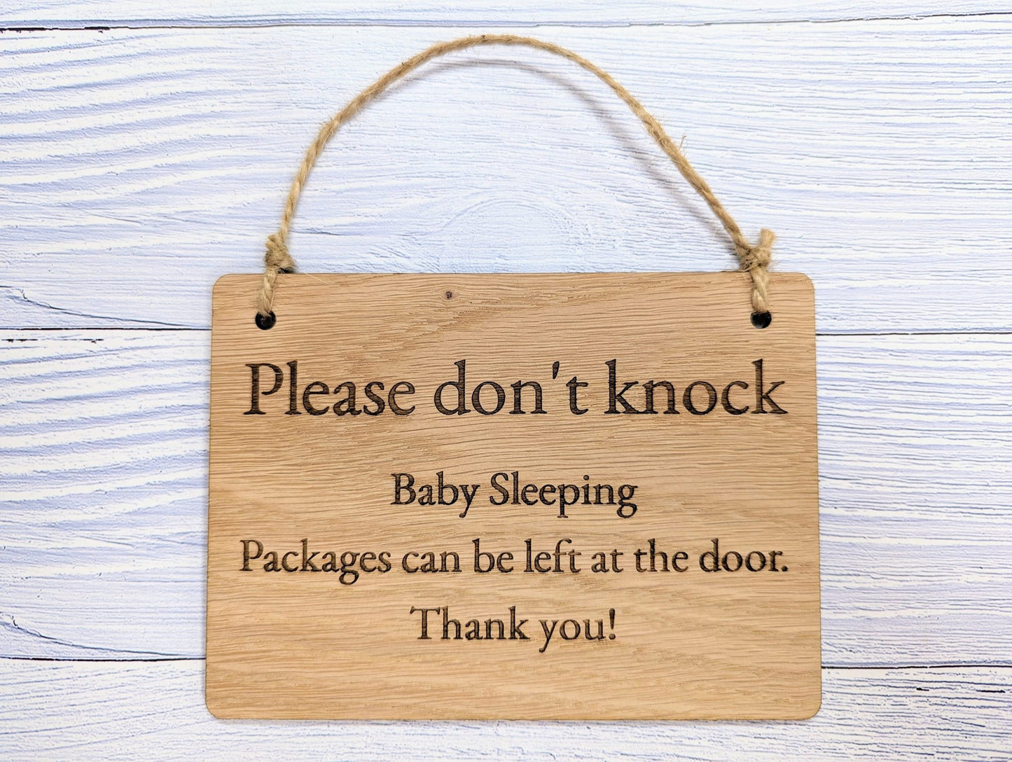 Please Don't Knock, Baby Sleeping" Wooden Sign - Ideal for Homes with Newborns, Night Shift Workers - Oak Veneered MDF - Customisable Text - CherryGroveCraft
