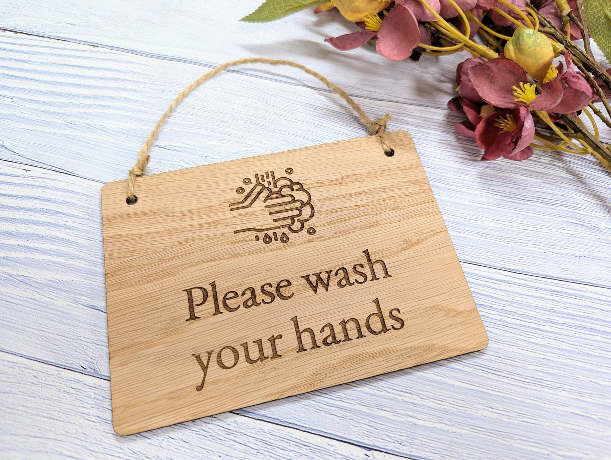Please Wash Your Hands" Wooden Sign - Oak Veneered MDF - Ideal for Homes, Offices, Restaurants - Hygiene Reminder - Easy to Install - CherryGroveCraft