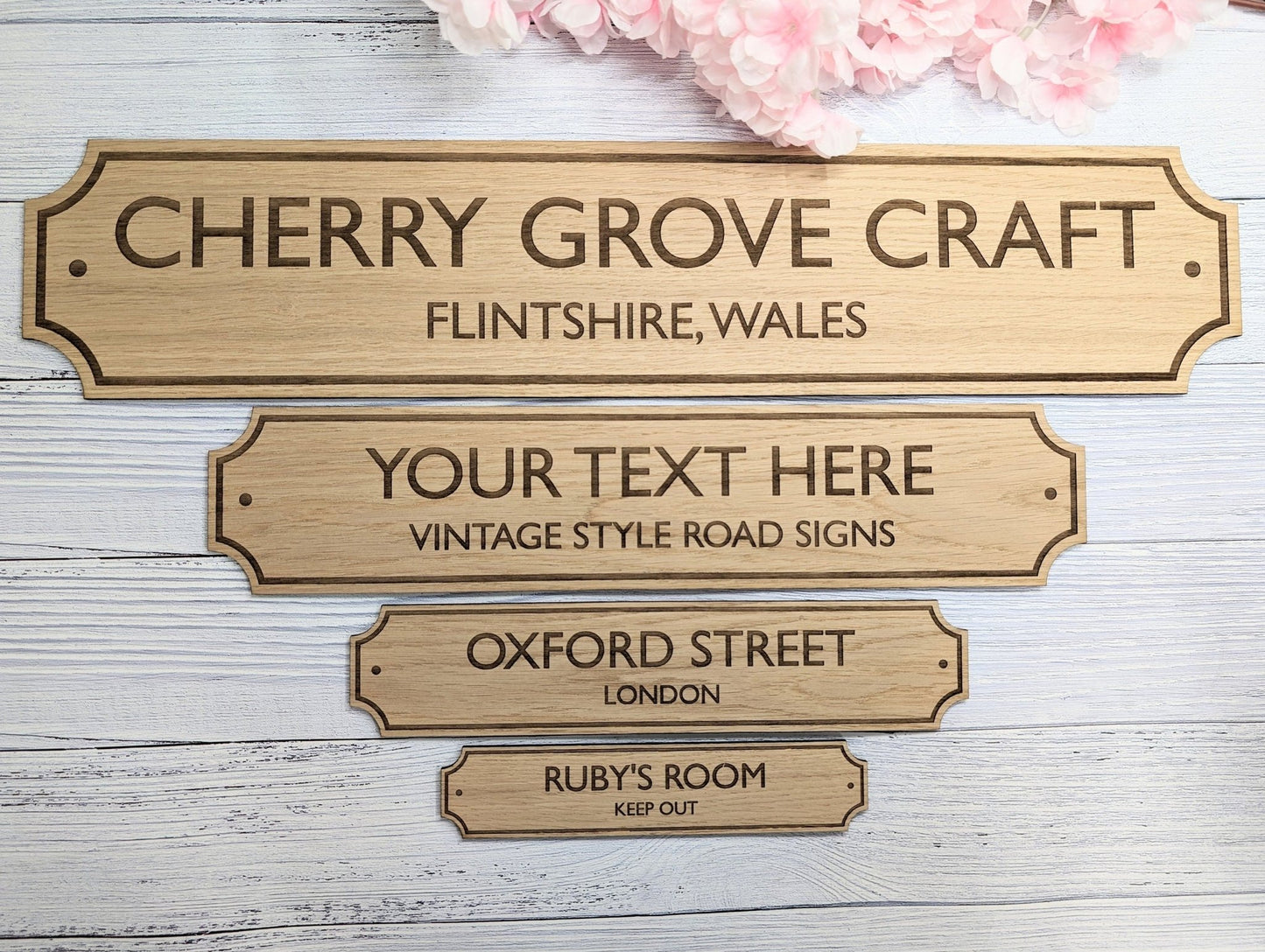 Retro British Street Name Sign - Personalised Oak Veneer, 4 Sizes | Custom Text, Vintage Style, Handcrafted in Wales - CherryGroveCraft