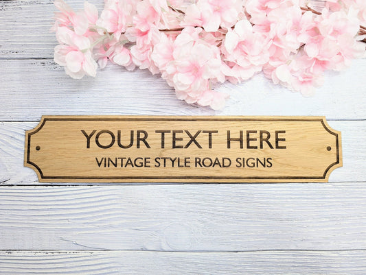 Retro British Street Name Sign - Personalised Oak Veneer, 4 Sizes | Custom Text, Vintage Style, Handcrafted in Wales - CherryGroveCraft