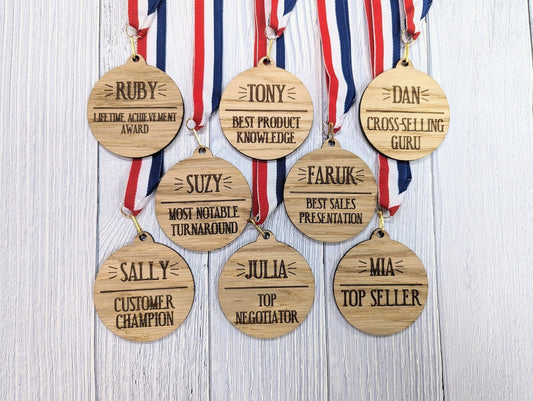 Sales Excellence Wooden Medal: Personalised Award for Motivating Sales Teams with Tri-Coloured Ribbon - CherryGroveCraft