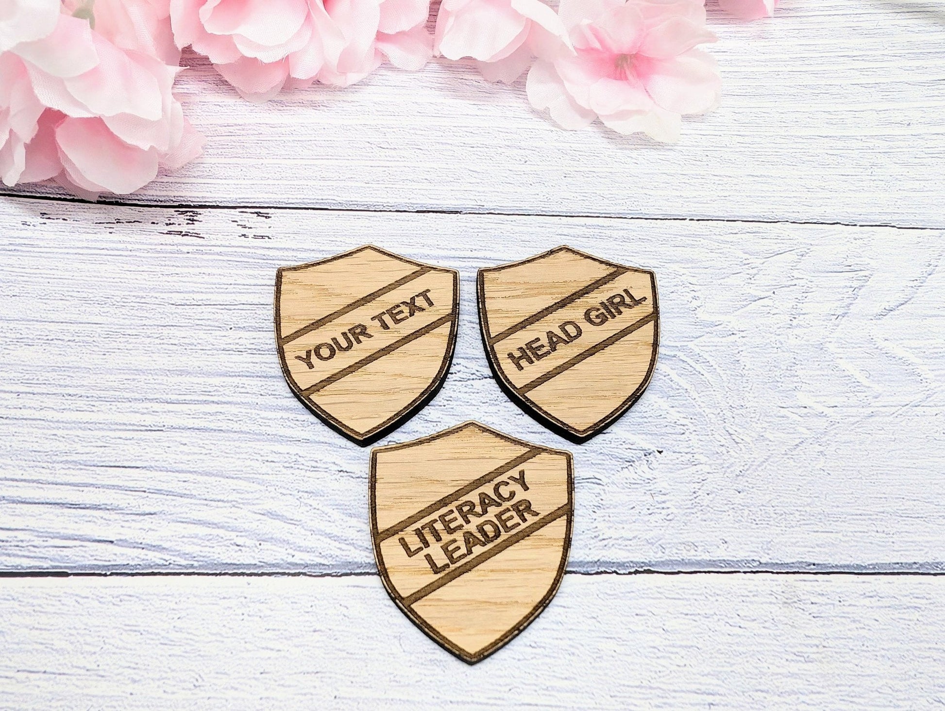 Small School Achievement Badges - 40x48mm - Oak Veneered MDF - Pin or Pin & Clip - Personalised or Pre-Designed Options for Students - CherryGroveCraft