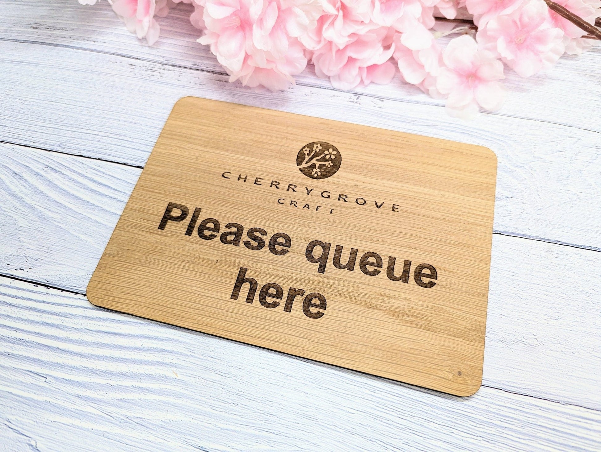Standard or Custom "Please Queue Here" Wooden Sign | Add Your Logo | Optional Stand | Oak Veneer | Business Decor - CherryGroveCraft
