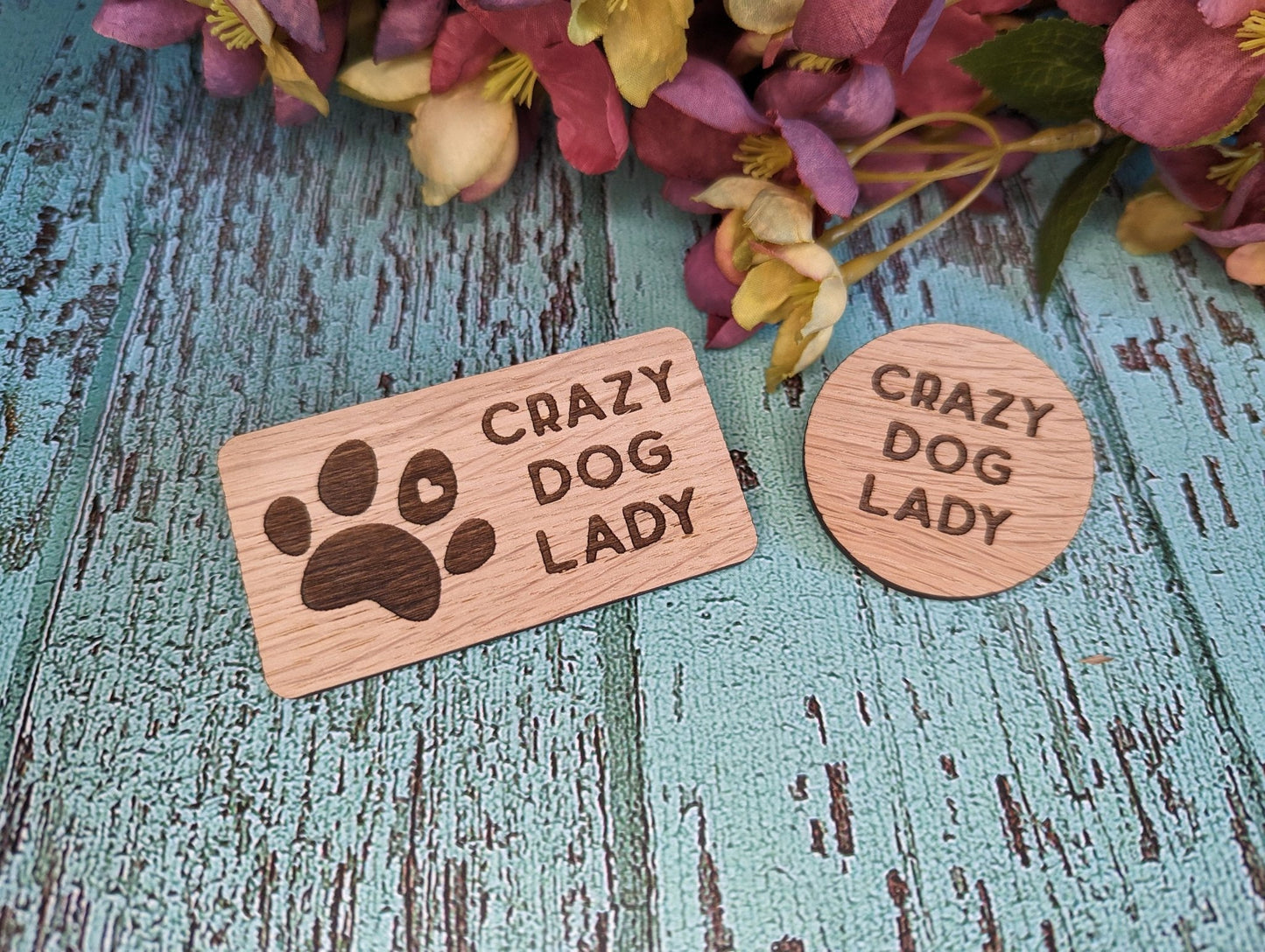 Unique 'Crazy Dog Lady' Oak Veneer Pin Badge: Eco-Friendly Dog Lover Accessory, Perfect Gift for Dog Moms, Rustic Style, Sustainable Wood - CherryGroveCraft