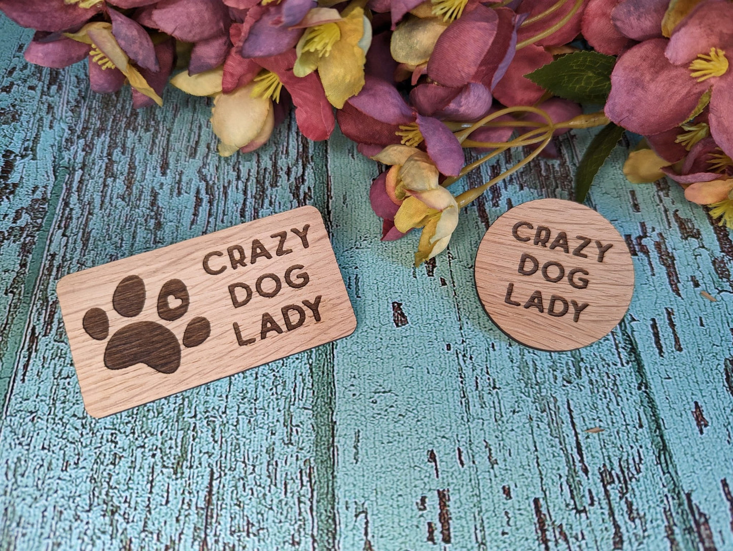 Unique 'Crazy Dog Lady' Oak Veneer Pin Badge: Eco-Friendly Dog Lover Accessory, Perfect Gift for Dog Moms, Rustic Style, Sustainable Wood - CherryGroveCraft