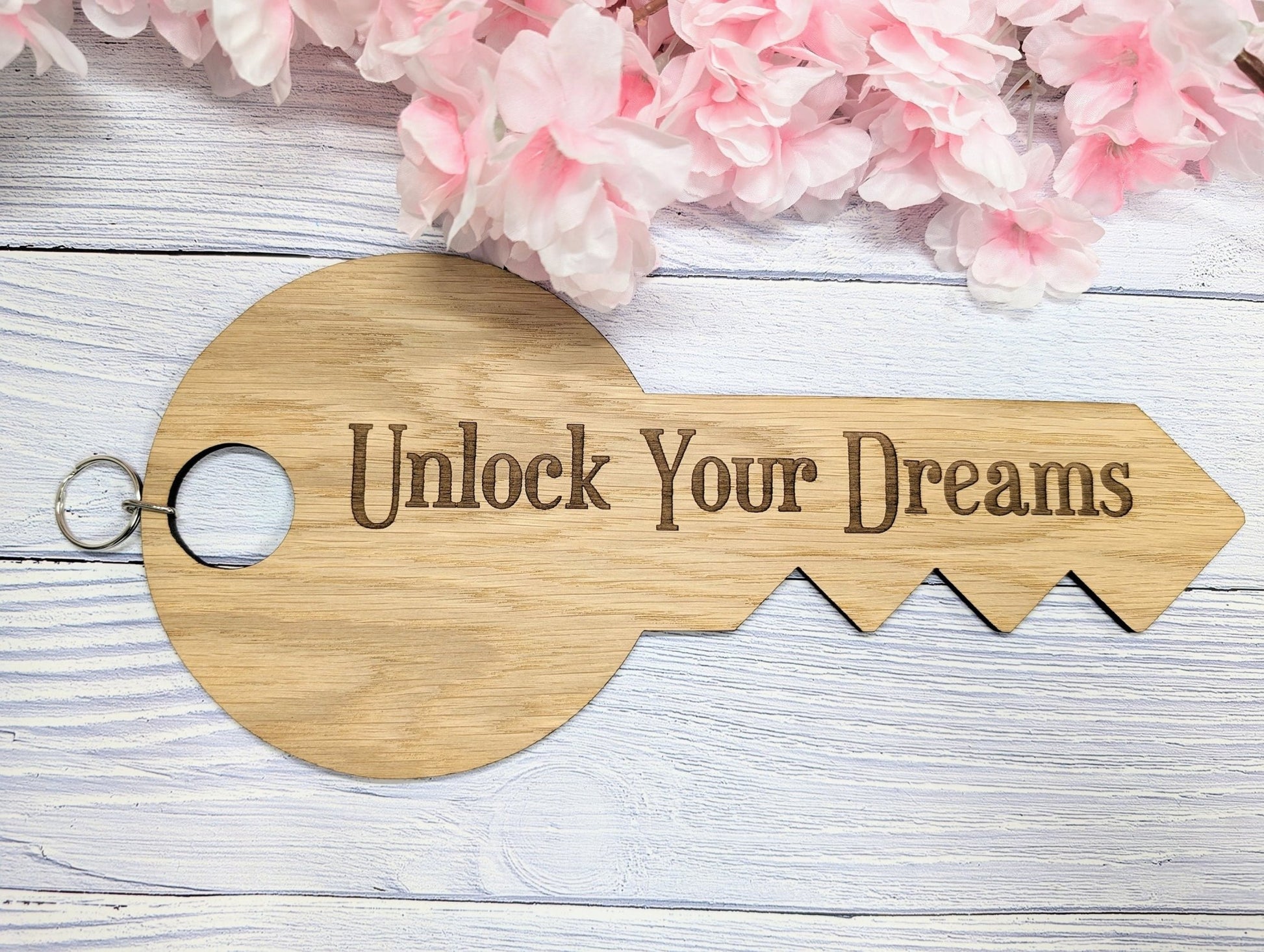 Unlock Your Dreams - Oversized Key-Shaped Wooden Keyring - Inspirational Accessory - CherryGroveCraft