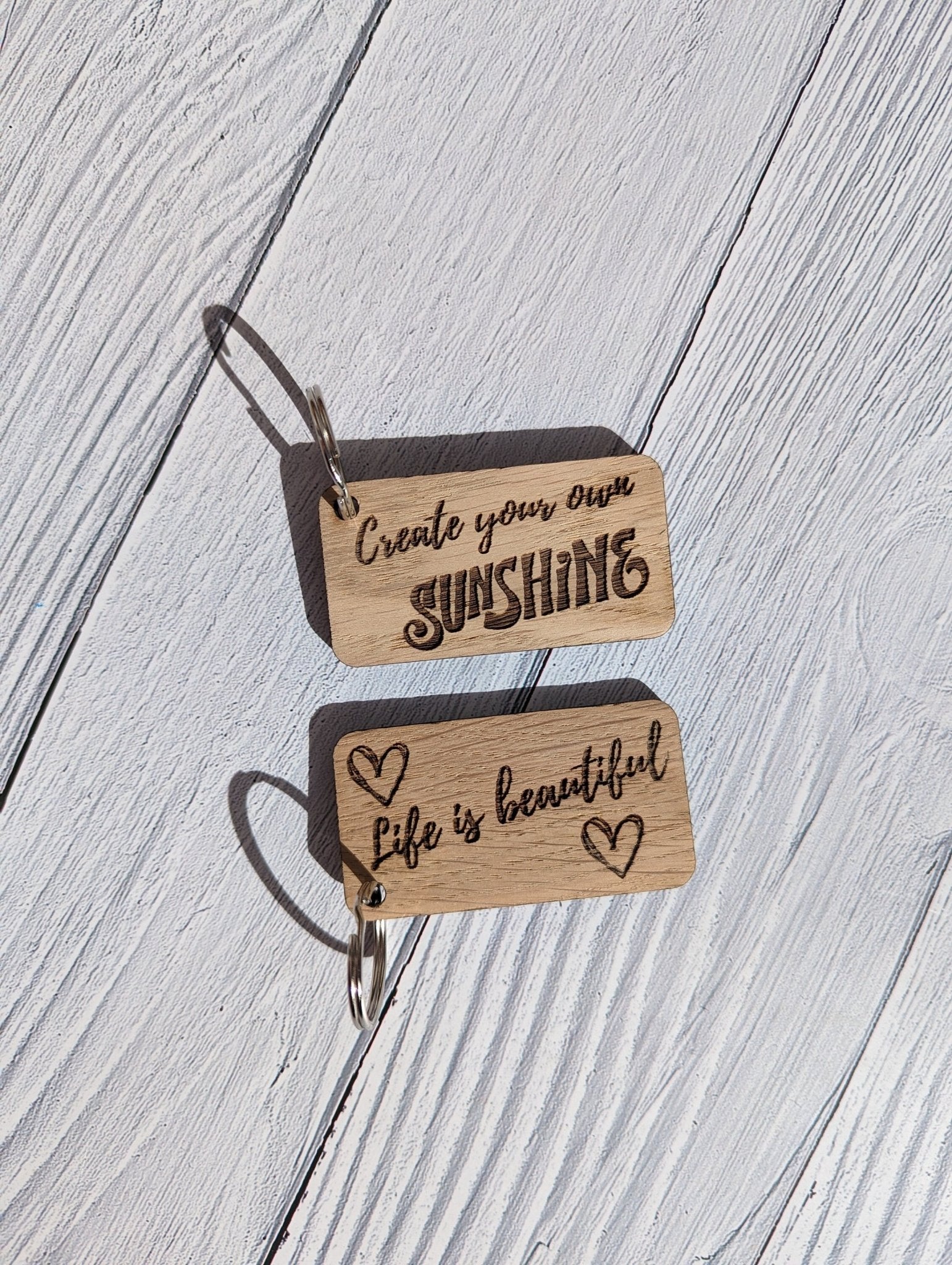 Uplifting Keyrings - "Create Your Own Sunshine" or "Life is Beautiful" - CherryGroveCraft