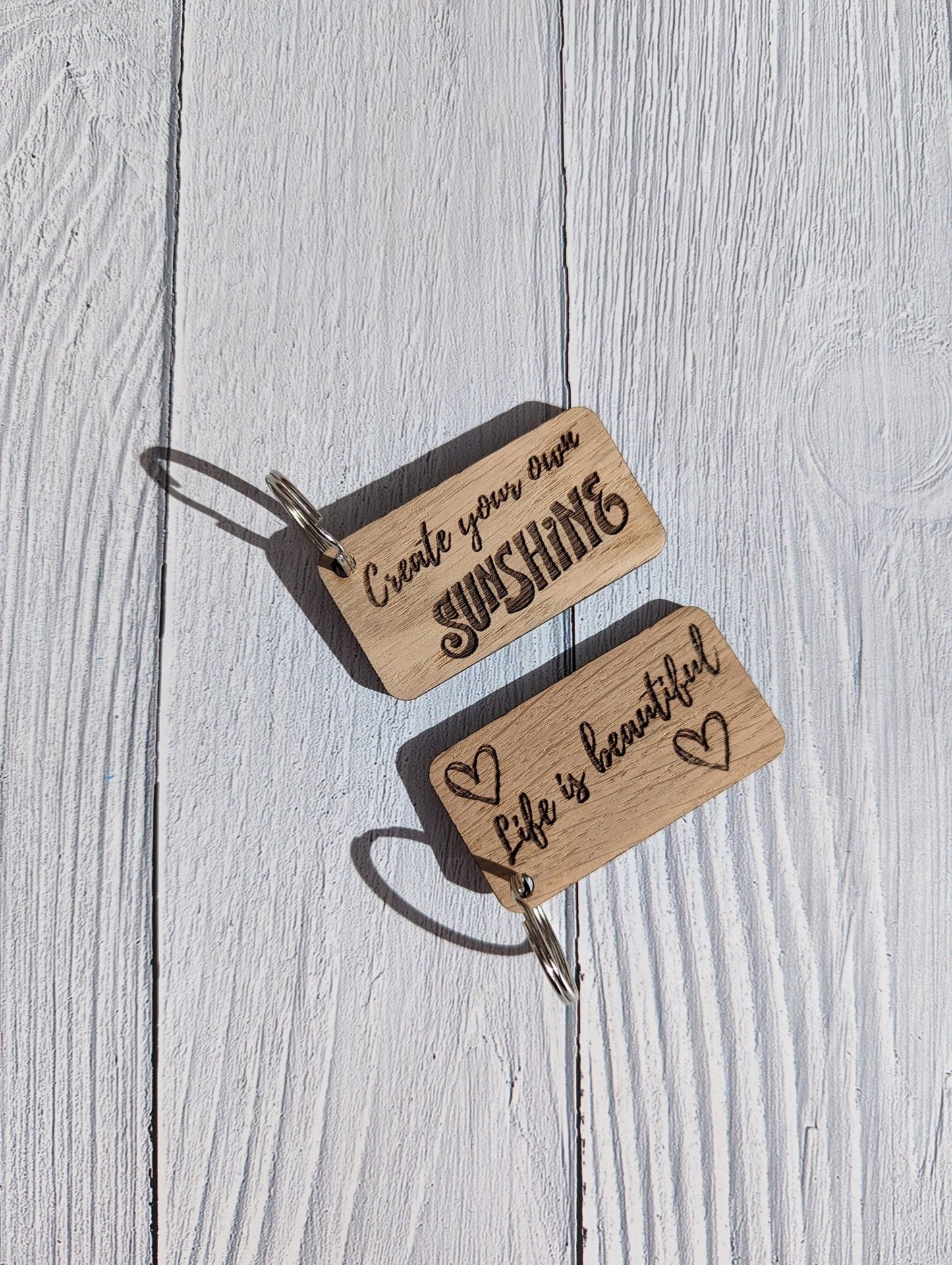 Uplifting Keyrings - 'Create Your Own Sunshine' or 'Life is Beautiful' - CherryGroveCraft