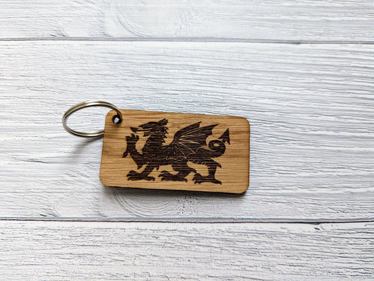Wales Keyrings | Personalised Option | Single or Double Sided | Welsh Dragon | Welsh Gifts | Oak Veneered | Bulk - CherryGroveCraft