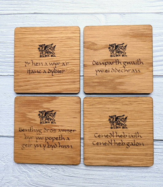 Welsh Wooden Coasters, Welsh Language Gift, Birthday Gift, Oak - CherryGroveCraft