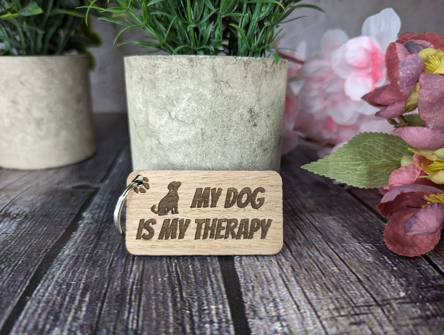 Wooden Dog Keyrings "My Dog is my Therapy" | Dog Keychain for Dog Lovers | Dog Owner Gift - CherryGroveCraft