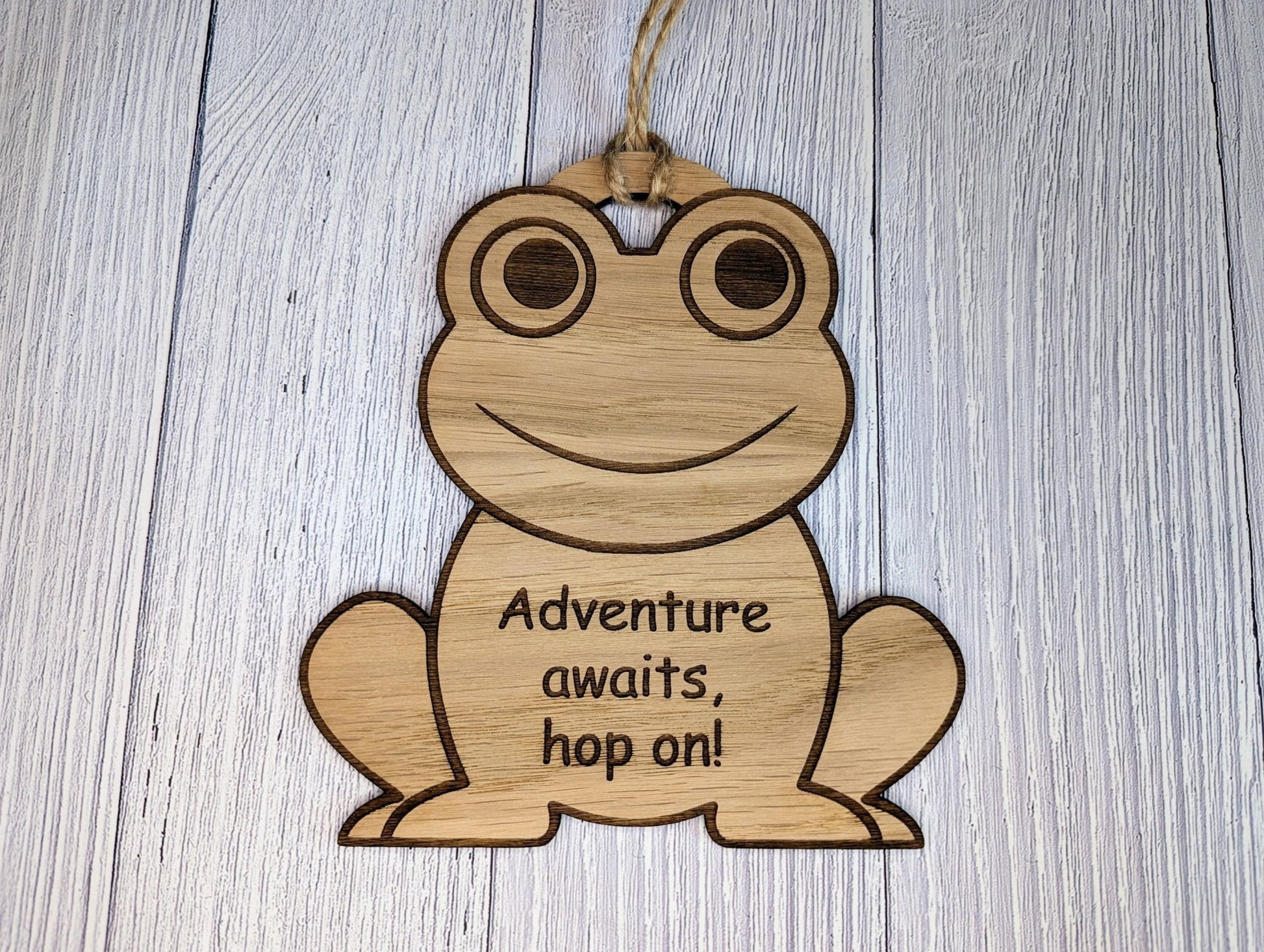 Wooden Frog Bauble | Adventure Awaits, Hop On | Can Be Personalised | Oak Veneered MDF - CherryGroveCraft