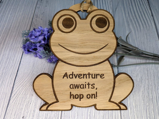 Wooden Frog Bauble | Adventure Awaits, Hop On | Can Be Personalised | Oak Veneered MDF - CherryGroveCraft