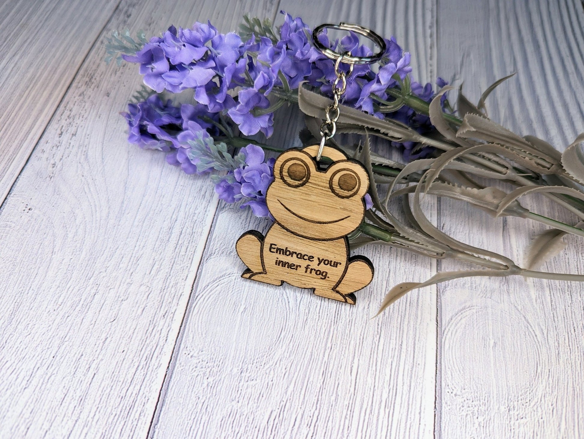 Wooden Frog Keyring | Embrace Your Inner Frog | Bag Tag | Can Be Personalised | Oak Veneered MDF - CherryGroveCraft