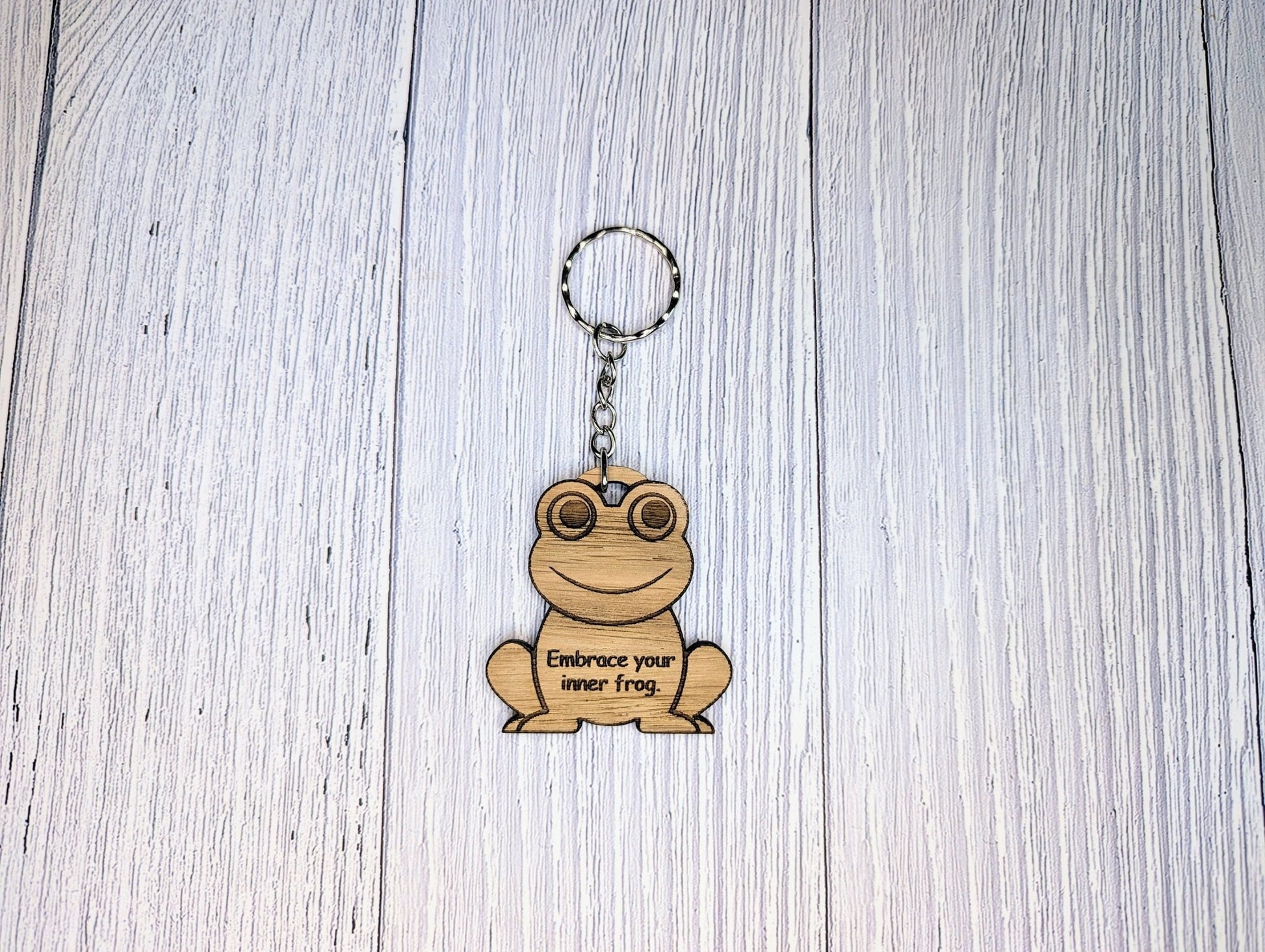 Wooden Frog Keyring | Embrace Your Inner Frog | Bag Tag | Can Be Personalised | Oak Veneered MDF - CherryGroveCraft