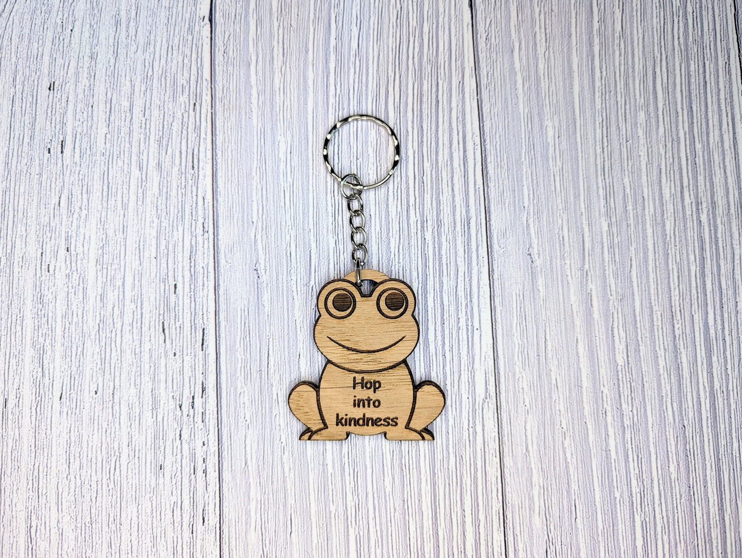 Wooden Frog Keyring | Hop into kindness | Bag Tag | Can Be Personalised | Oak Veneered MDF - CherryGroveCraft