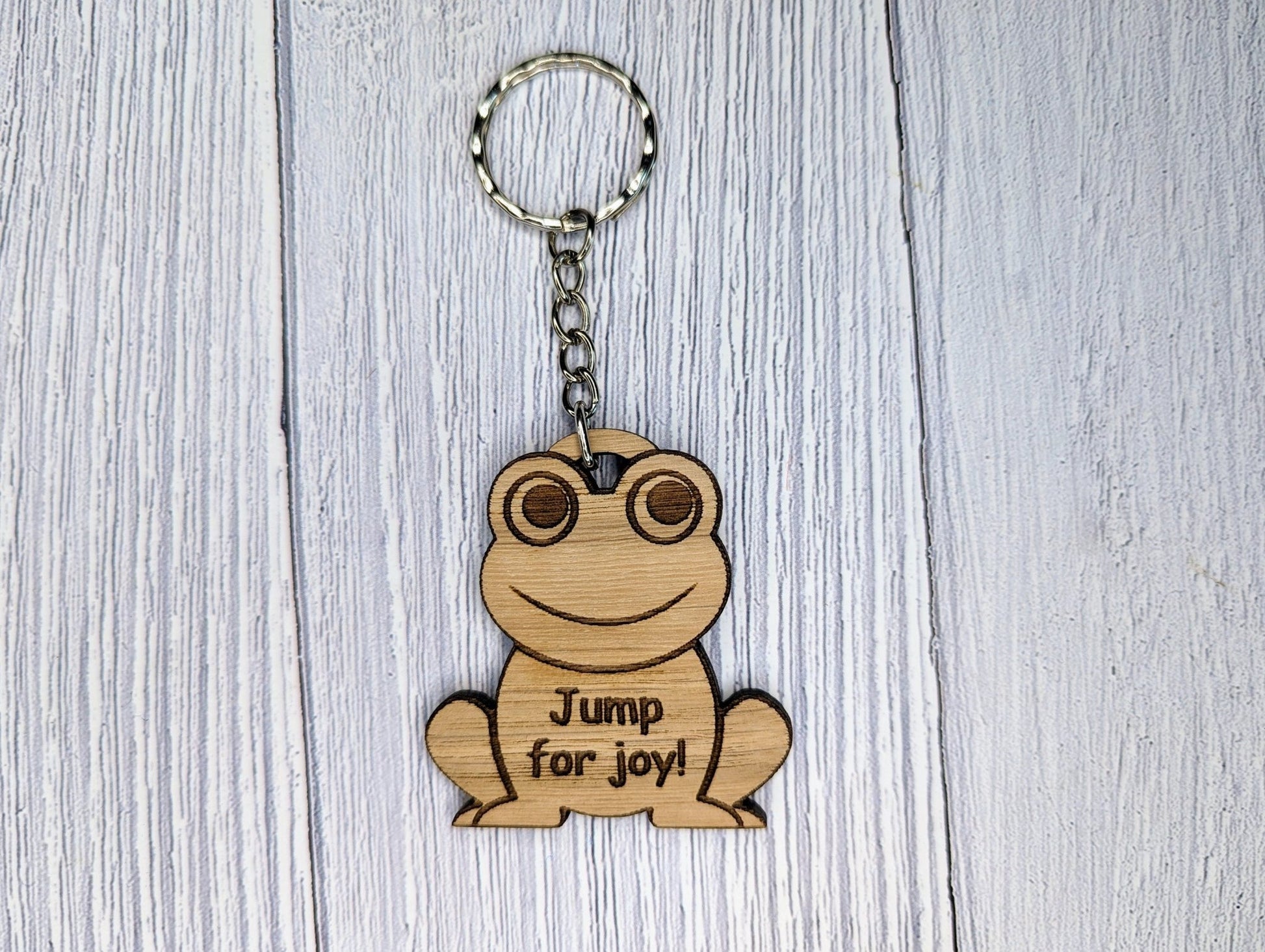 Wooden Frog Keyring | Jump For Joy | Bag Tag | Can Be Personalised | Oak Veneered MDF - CherryGroveCraft