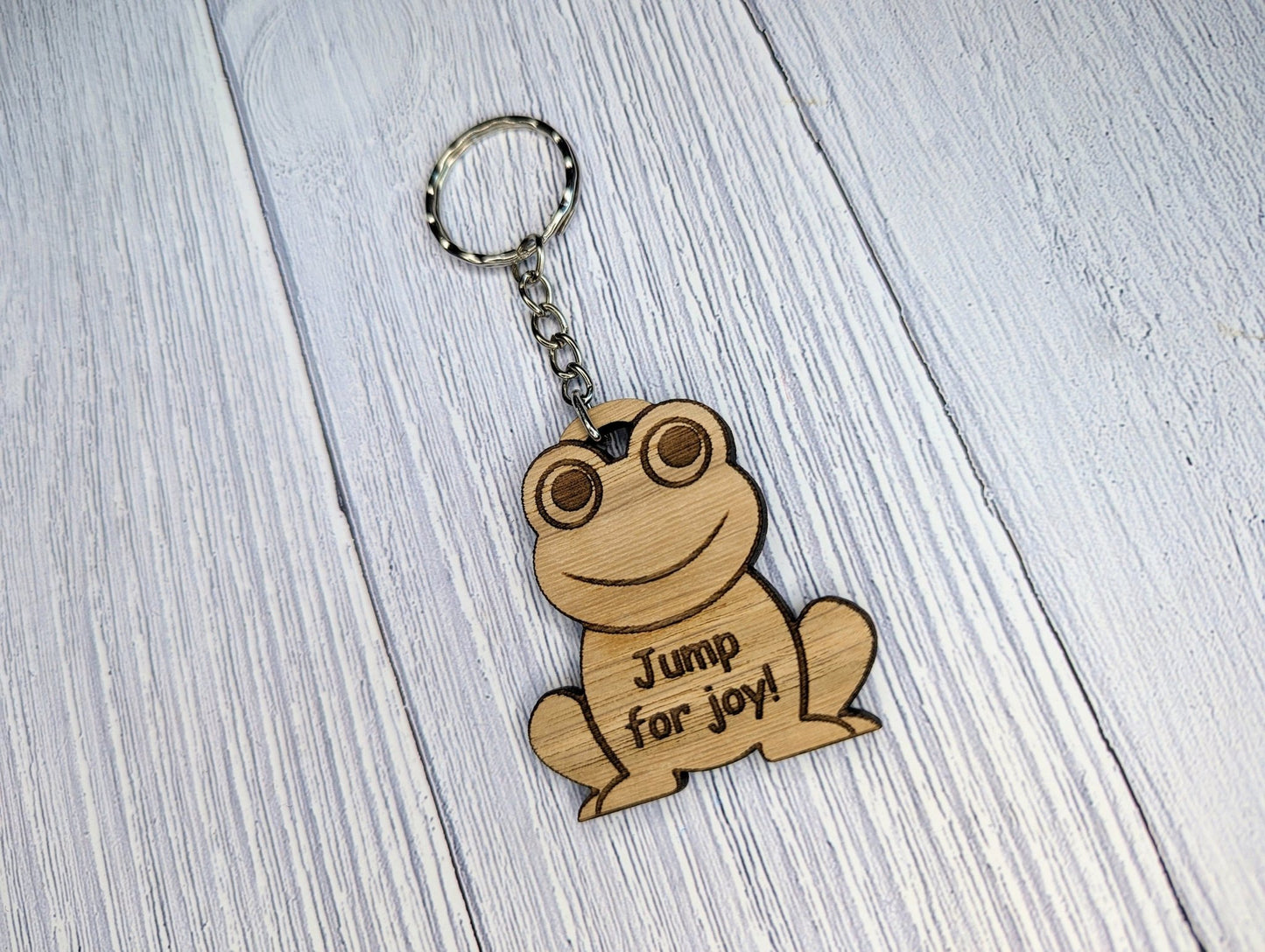 Wooden Frog Keyring | Jump For Joy | Bag Tag | Can Be Personalised | Oak Veneered MDF - CherryGroveCraft