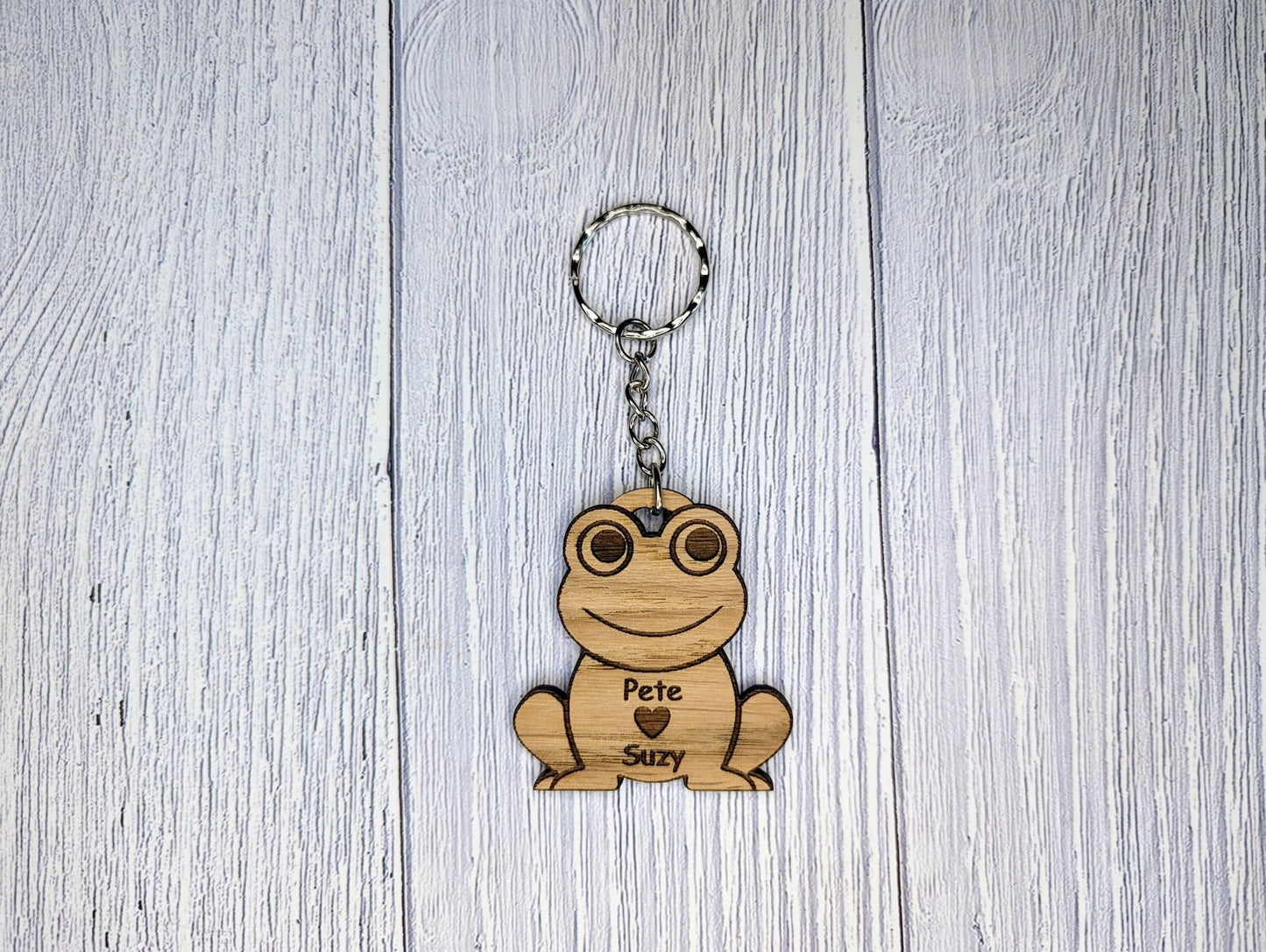 Wooden Frog Keyring | Personalised Frog Heart Keyring | Add Your Names | Bag Tag | Oak Veneered - CherryGroveCraft