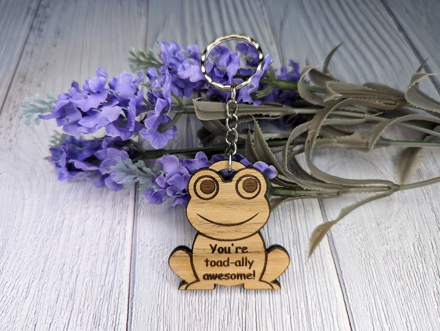 Wooden Frog Keyring | You're toad-ally awesome! | Bag Tag | Can Be Personalised | Oak Veneered MDF - CherryGroveCraft