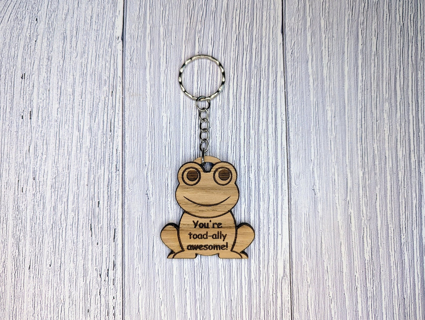 Wooden Frog Keyring | You're toad-ally awesome! | Bag Tag | Can Be Personalised | Oak Veneered MDF - CherryGroveCraft
