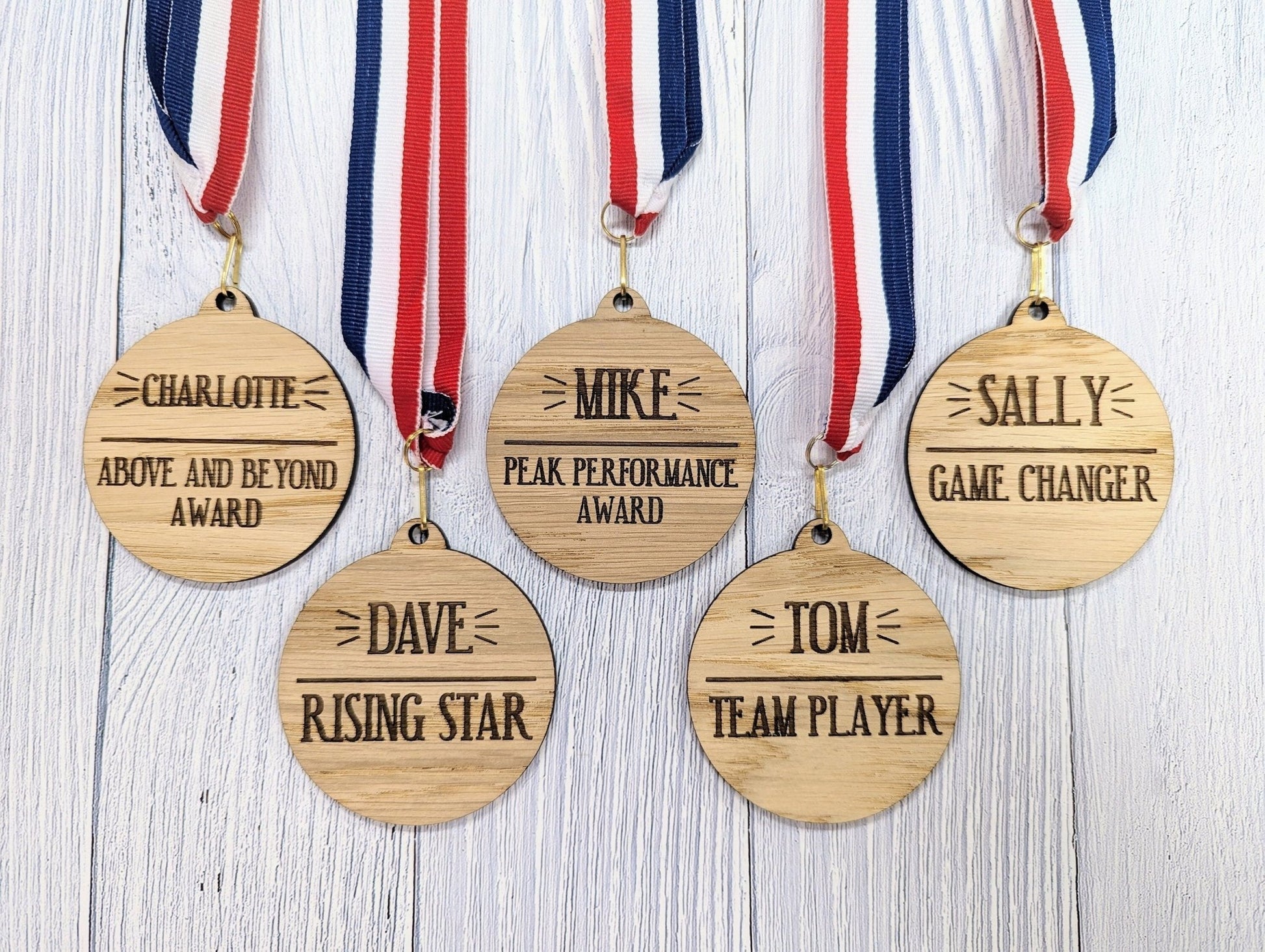 Wooden Medals for Customer Service Excellence: Personalised Recognition for Your Stellar Team with Tri-Coloured Ribbon - CherryGroveCraft