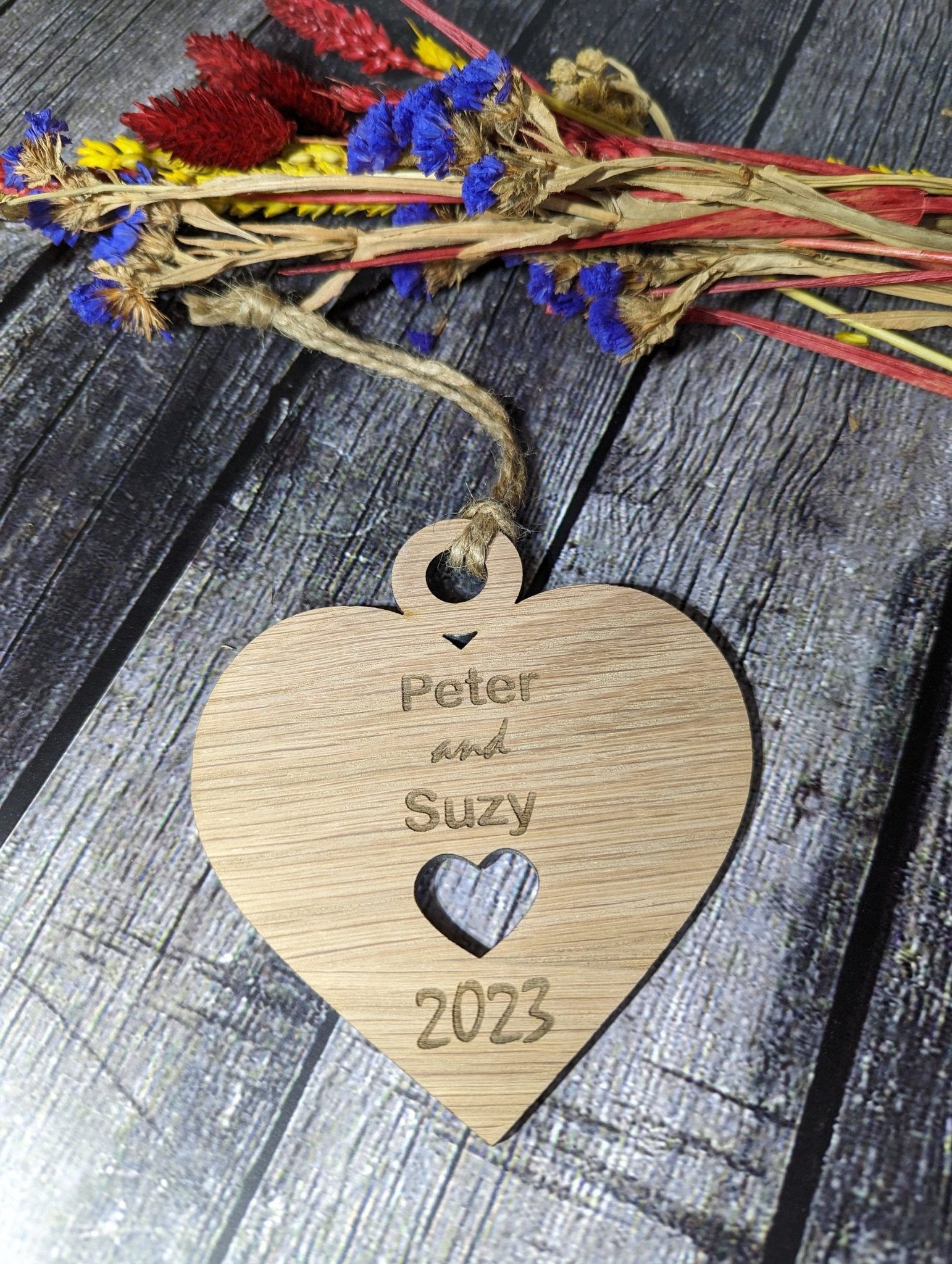 Wooden Personalised Heart Shaped Bauble, Birthday Gift | Valentine, Engagement, Anniversary or Wedding Gift, Oak - CherryGroveCraft