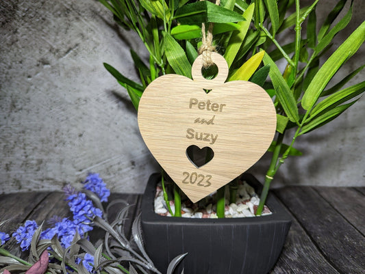 Wooden Personalised Heart Shaped Bauble, Birthday Gift | Valentine, Engagement, Anniversary or Wedding Gift, Oak - CherryGroveCraft
