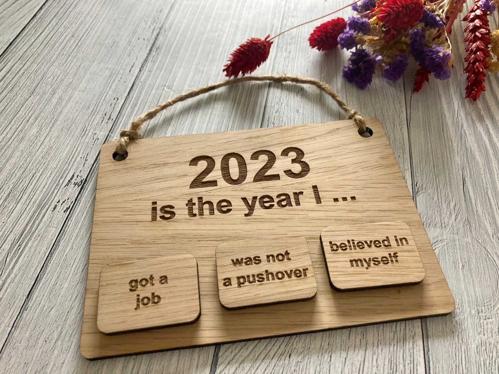 Wooden Resolutions Sign, Personalised Wooden Magnetic Hanging Sign, Achievement Gift, Oak - CherryGroveCraft