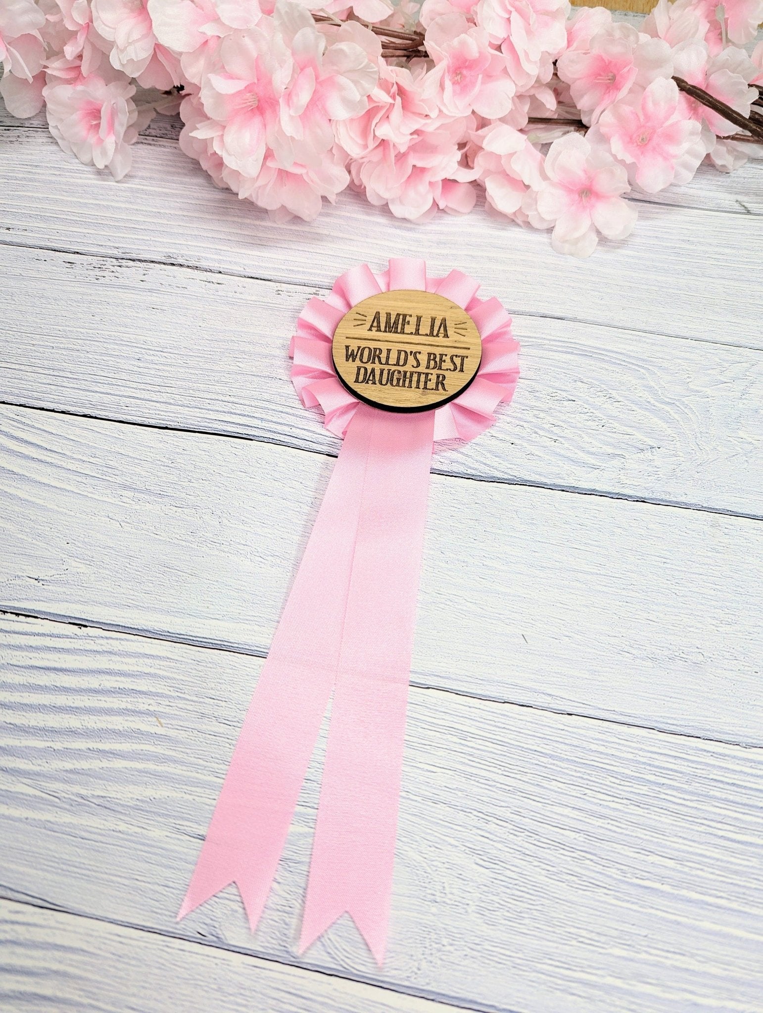 World's Best Daughter, Personalised Wooden Rosette | Pink Award Ribbon | Birthday Gift | Custom Name | Oak Veneer | Handcrafted in the UK - CherryGroveCraft
