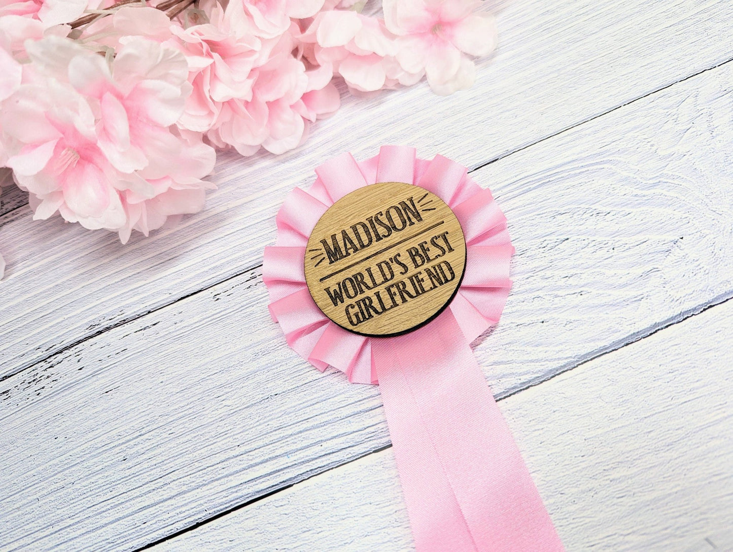 World's Best Girlfriend, Personalised Pink Wooden Rosette | Award Ribbon | Anniversary Gift | Custom Name | Oak Veneer | Crafted in the UK - CherryGroveCraft