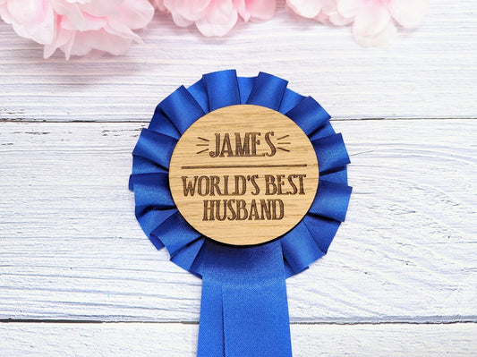 World's Best Husband, Personalised Wooden Rosette | Blue Award Ribbon | Anniversary Gift | Custom Name | Oak Veneer | Handcrafted in the UK - CherryGroveCraft