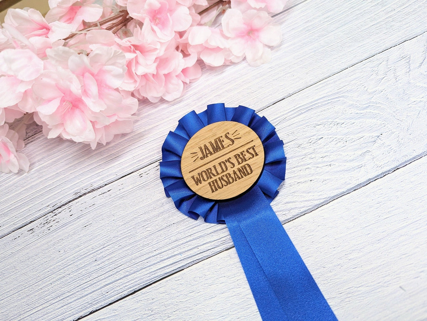 World's Best Husband, Personalised Wooden Rosette | Blue Award Ribbon | Anniversary Gift | Custom Name | Oak Veneer | Handcrafted in the UK - CherryGroveCraft