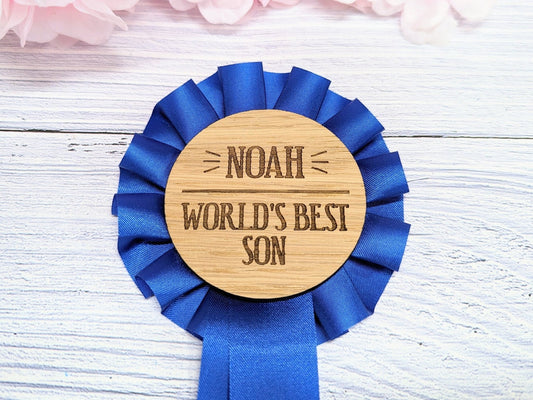 World's Best Son, Personalised Wooden Rosette | Blue Award Ribbon | Birthday Gift | Custom Name | Oak Veneer | Handcrafted in the UK - CherryGroveCraft