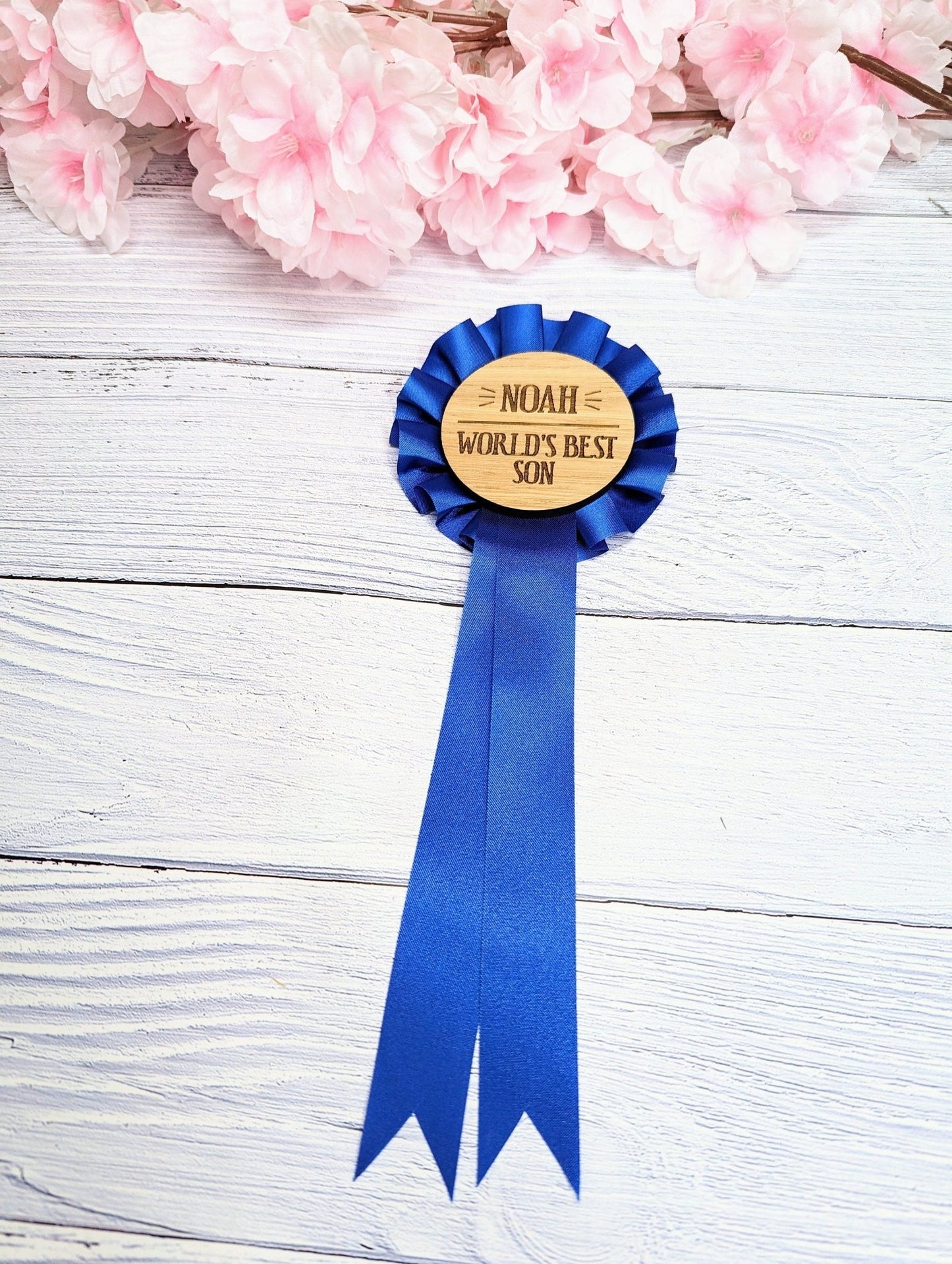 World's Best Son, Personalised Wooden Rosette | Blue Award Ribbon | Birthday Gift | Custom Name | Oak Veneer | Handcrafted in the UK - CherryGroveCraft