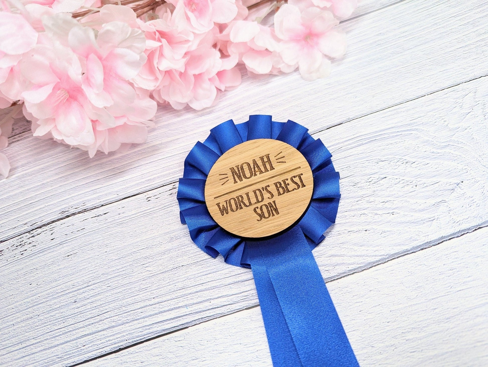 World's Best Son, Personalised Wooden Rosette | Blue Award Ribbon | Birthday Gift | Custom Name | Oak Veneer | Handcrafted in the UK - CherryGroveCraft