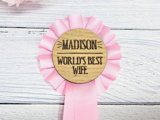 World's Best Wife, Personalised Pink Wooden Rosette | Award Ribbon | Anniversary Gift | Custom Name | Oak Veneer | Hand Crafted in the UK - CherryGroveCraft